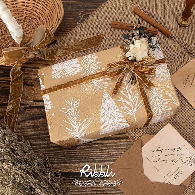 Ribbli Khaki Velvet Ribbon 1 Inches Luxury Crinkled Brown Christmas Ribbon - Image 4