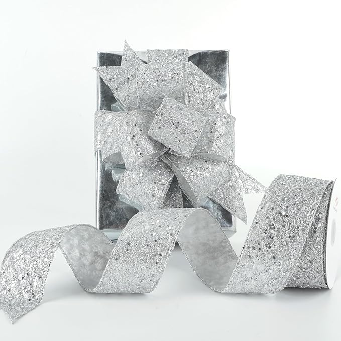 HUIHUANG Silver Glitter Wired Ribbon by HUIHUANG