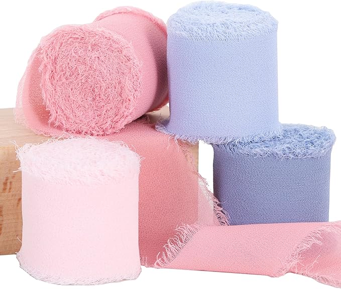 TONIFUL 4 Rolls Pink & Blue Chiffon Ribbon 1 1/2 Inch 5.5 Yards Fabric Silk by TONIFUL