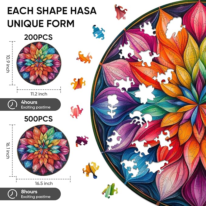 Wooden Puzzles for Adults, Mandala Wooden Jigsaw Puzzles 200 Pieces, Unique - Image 2