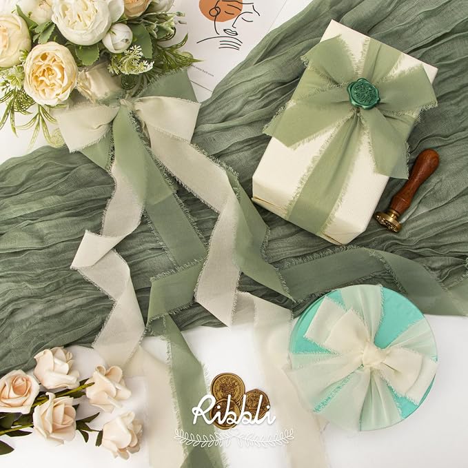 Ribbli Fall Ribbon 1.5 inch x 30 Yard Handmade Silk, Ivory/Dusty - Image 2