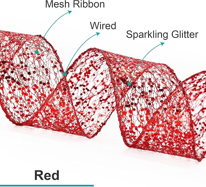 CT CRAFT LLC Sparkling Glitter Mesh Wired Ribbon 6" x 10 Yards Red - Image 3