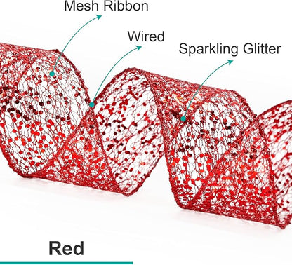 CT CRAFT LLC Sparkling Glitter Mesh Wired Ribbon 6" x 10 Yards Red - Image 3