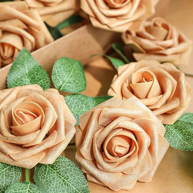AmyHomie Artificial Flower Gold Rose 25pcs Real Looking Fake Roses w/Stem - Image 3