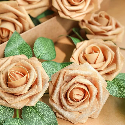 AmyHomie Artificial Flower Gold Rose 25pcs Real Looking Fake Roses w/Stem - Image 3
