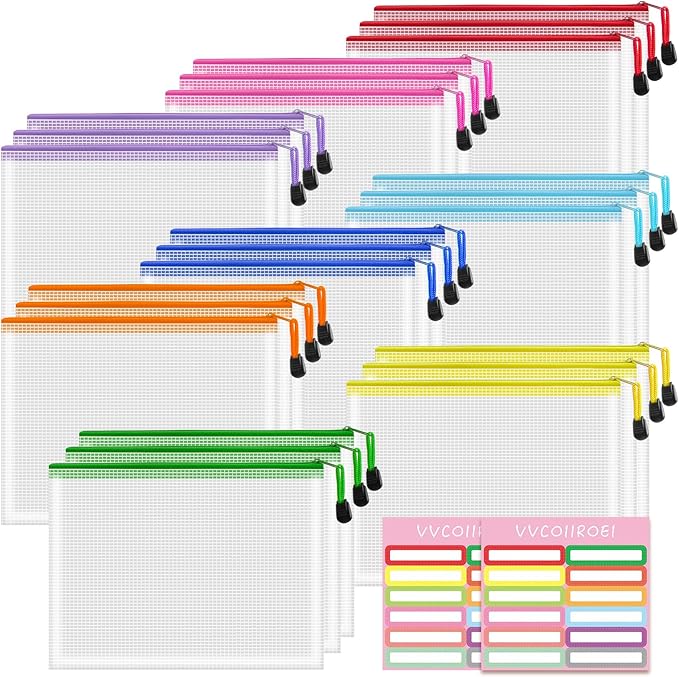 24pcs Mesh Zipper Pouch Bags, A5 9.4x7.1 Inches, 8 Colors, Organizing Pouches by VVCOIIROEI