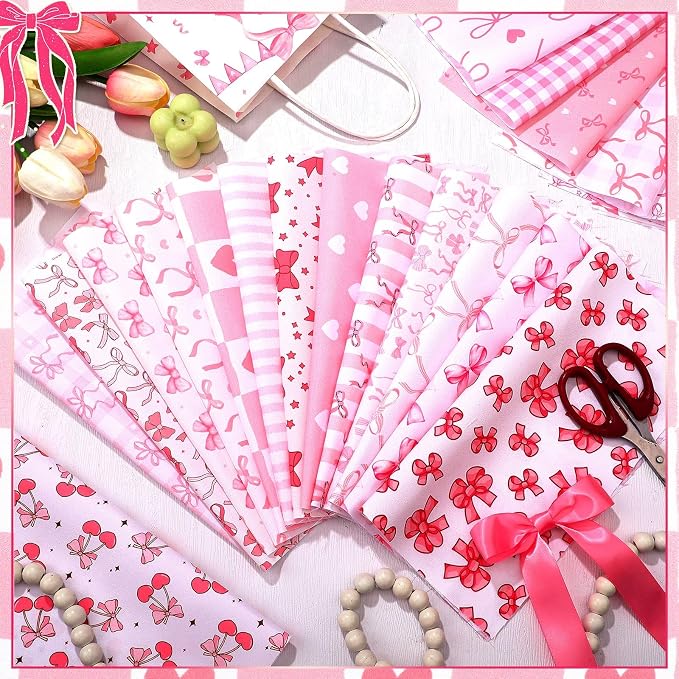 Ganeen 60 Pcs 10 x 10 Inch Pink Bows Quilting Fabric Squares Coquette Pink Bow - Image 3