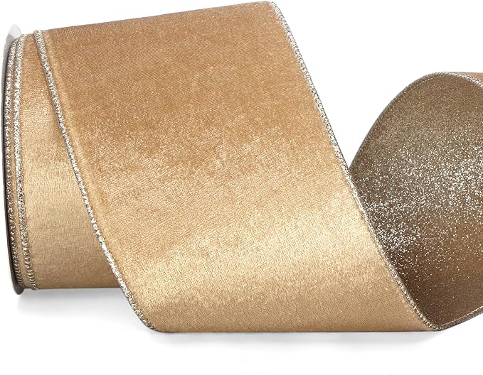 Ribbli Champagne Gold Velvet Wired Ribbon 4 Inch Khaki Velvet by Ribbli