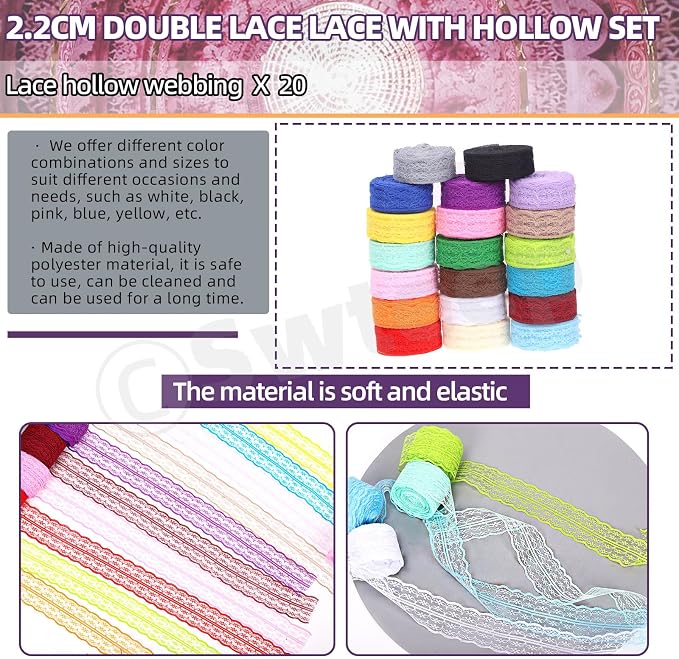 Swpeet 20 Rolls in Total 200 Yards 2.2cm×10 Yards Colorful Lace Ribbon - Image 4