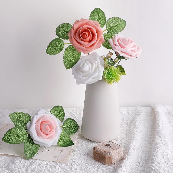 AmyHomie 25pcs Real Looking Artificial Shades of Blush Roses w/Stem - Image 5