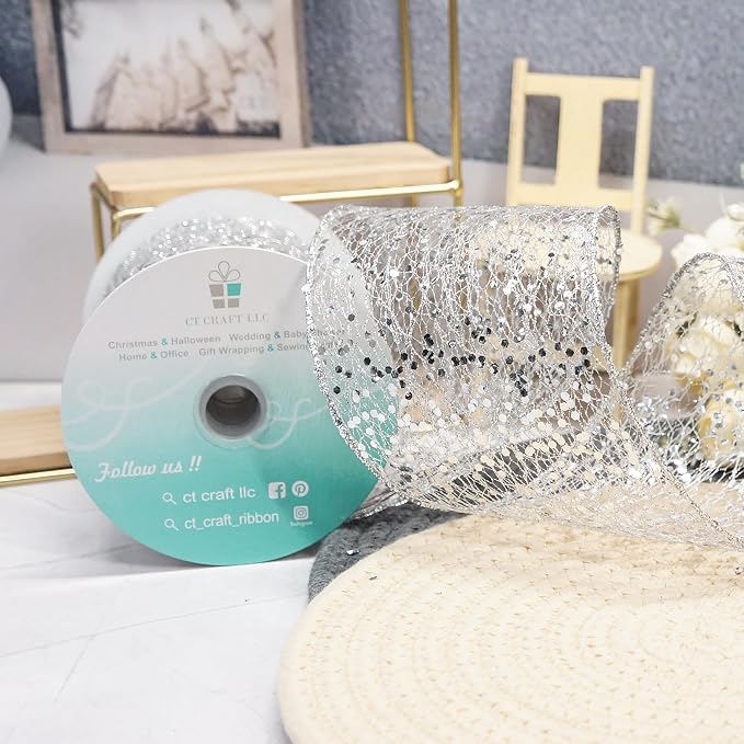 CT CRAFT LLC Sparkling Glitter Mesh Wired Ribbon 2.5" x 10 Yards Silver - Image 3