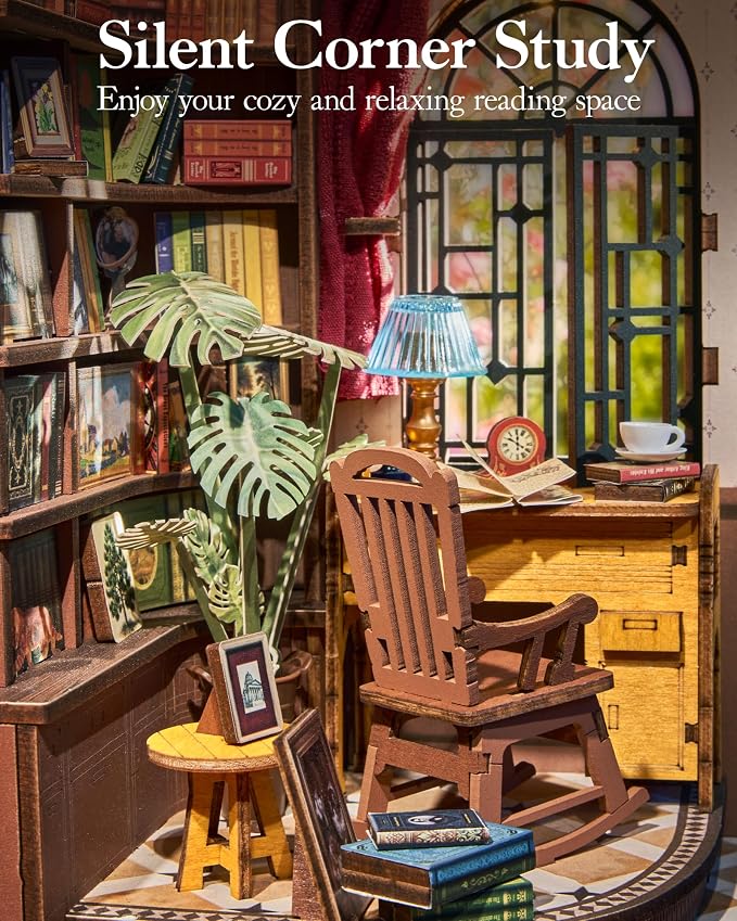 ROBOTIME Book Nook Kit, DIY Miniature House Kit, 3D Wooden Puzzle Bookends - Image 3