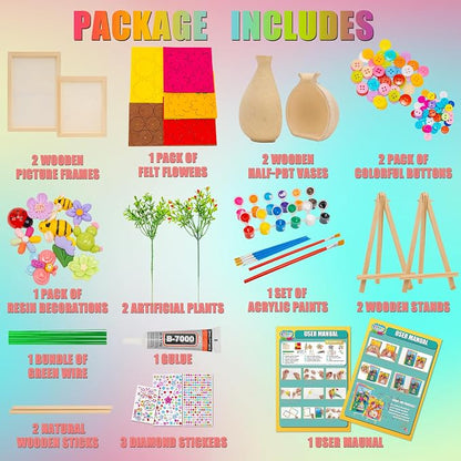 Crafts Gift for Girls, DIY 3D Felt Flowers Wooden Vase Picture Frame Painting - Image 3