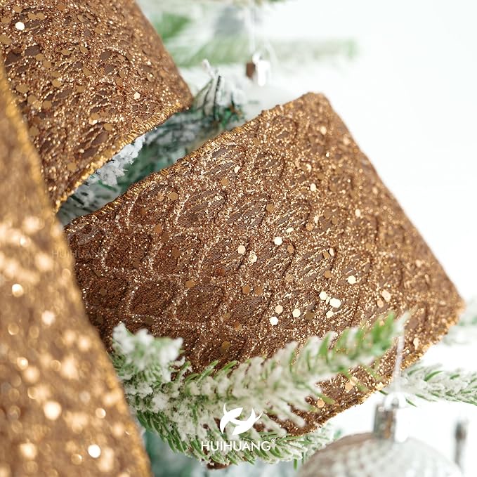 HUIHUANG Copper Wired Ribbon 4 inch Glitter Christmas Wired Ribbon Diamond Mesh - Image 4