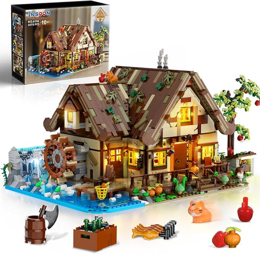 Wood Cabin Building Set with Light, Big House Construction Model by INSOON