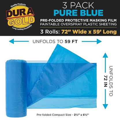 Dura-Gold 72" x 59' Pure Blue Pre-Folded Masking Film, Painters Plastic Roll - Image 2