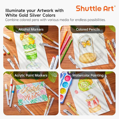 Shuttle Art White Gold Silver Gel Pens, 6 Pack 0.7mm, 1.0mm Metallic Gel Ink - Image 6