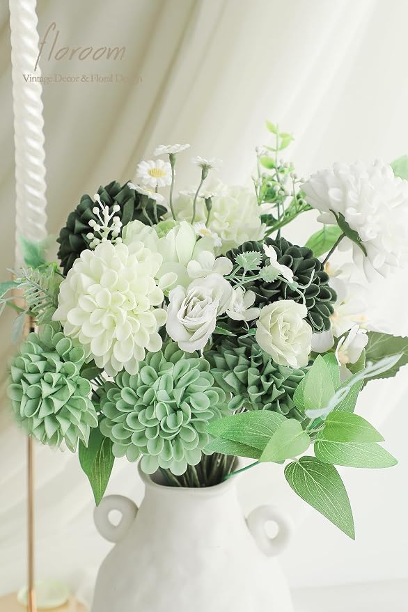 Floroom Artificial Dahlia Flowers 25pcs Real Looking Forest Green Shades Foam - Image 5