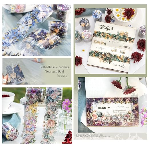 Flower PET Tape Stickers for Journaling, 6 Rolls Transparent Floral Washi Tape - Image 5