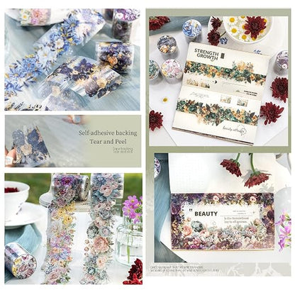 Flower PET Tape Stickers for Journaling, 6 Rolls Transparent Floral Washi Tape - Image 5