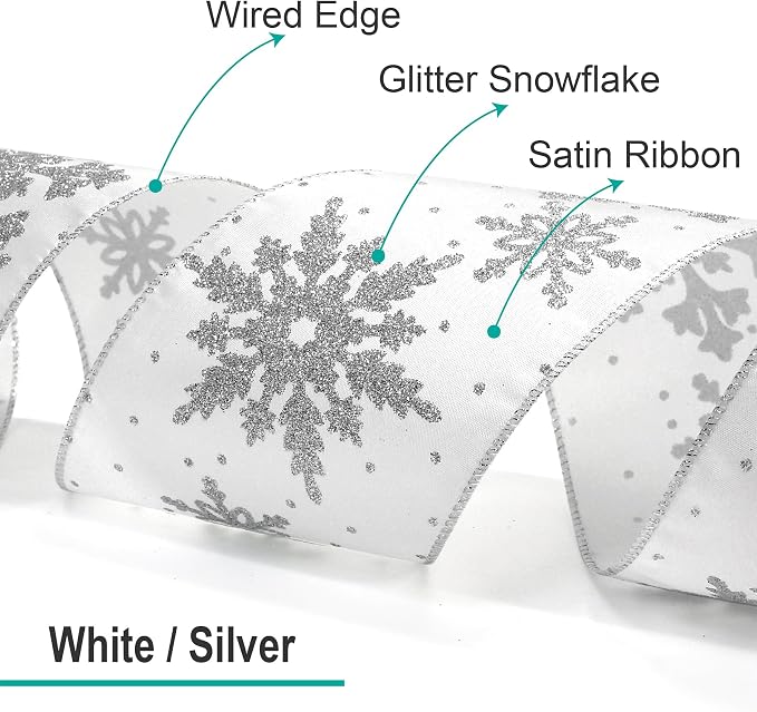 CT CRAFT LLC White Satin with Silver Snowflake Wired Ribbon 2.5 Inch x 10 Yards - Image 3