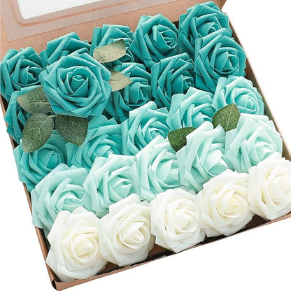 Floroom Artificial Flowers 25pcs Real Looking Green Ombre Colors Foam Fake Roses by Floroom