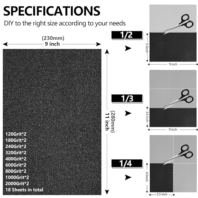 Sandpaper Assortment, 18 Sheets, 9 x 11 Inch Wet Dry Sand Paper, - Image 2