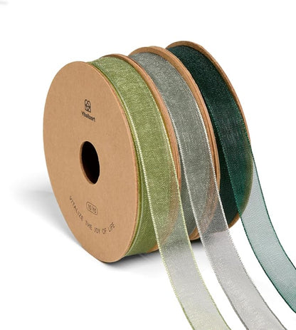 Vitalizart 3/8" x 30Yd Organza Ribbon Green Sheer Ribbons Set 10 Yd x 3 Rolls by Vitalizart
