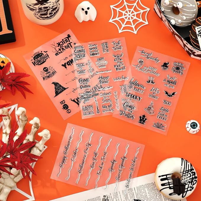 Whaline 4 Sheets Halloween Clear Stamps Greeting Words Pumpkin Bat Silicone - Image 7