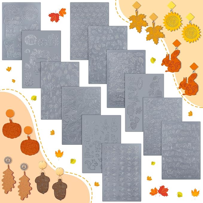 12 Pcs Fall Polymer Clay Texture Sheets Set, Maple Leaves, Pumpkin Miniature by DoubleFill