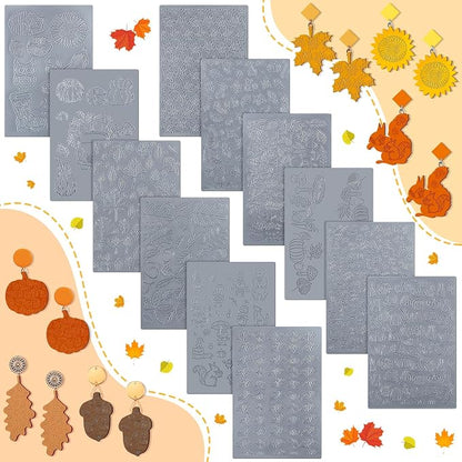 12 Pcs Fall Polymer Clay Texture Sheets Set, Maple Leaves, Pumpkin Miniature by DoubleFill