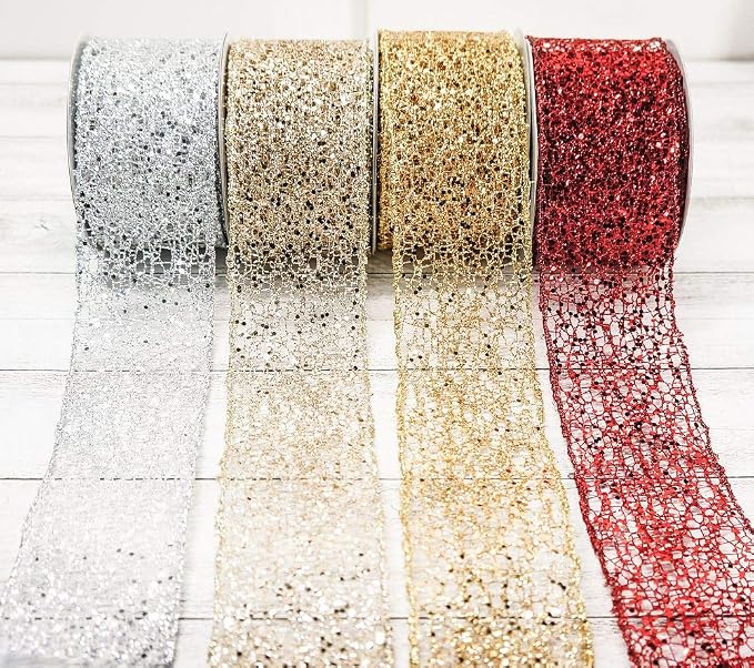CT CRAFT LLC Sparkling Glitter Mesh Wired Ribbon 2.5" x 10 Yards Gold - Image 8