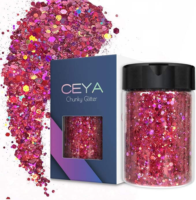 Ceya Holographic Chunky Glitter 4.9oz/ 140g Rose Red Craft Glitter Powder Mixed by CEYA