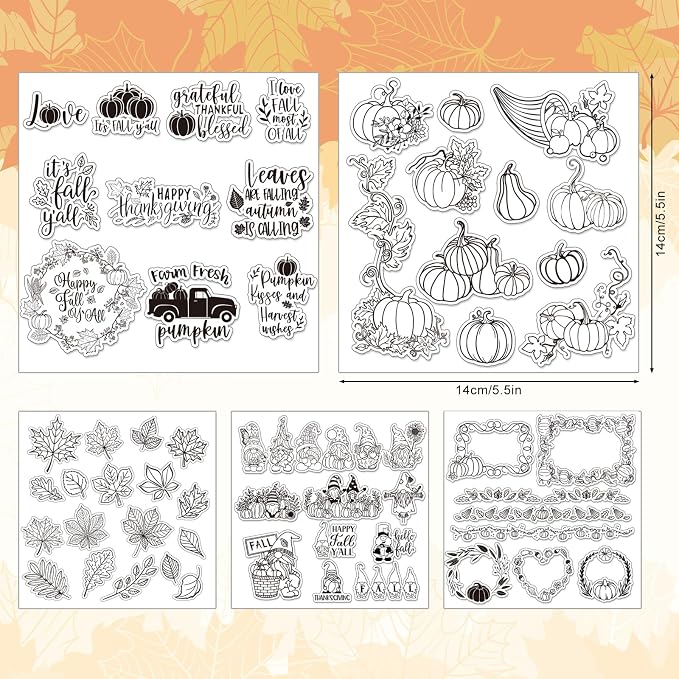 Whaline 5 Sheet Fall Thanksgiving Clear Stamps Autumn Leaves Pumpkin Gnome - Image 2