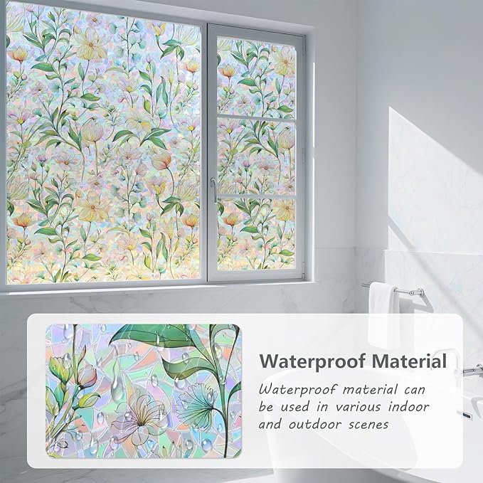 FINNEZ Window Privacy Film Stain Glass Film Flowers Rainbow Window Film Window - Image 2
