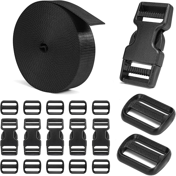 Buckles and Straps Set 1": 6 Yards of Thick Nylon Webbing, 12 Tri-Glide Slide by BEYOURD