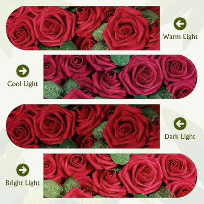 AmyHomie Artificial Flower Dark Red Rose 25pcs Real Looking Fake Roses w/Stem - Image 2