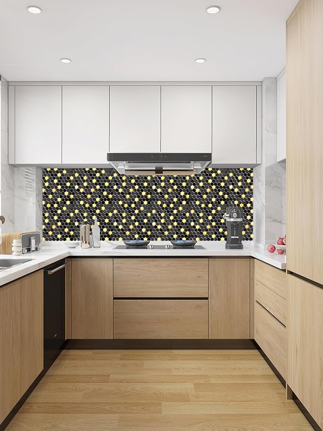 Blujellyfish Black and Gold Backsplash Wall Tiles Hexagon Mosaic Shower Floor - Image 9