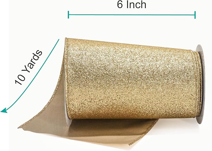 CT CRAFT LLC Glitter Wired Ribbon 6" x 10 Yards Light Gold - Image 2
