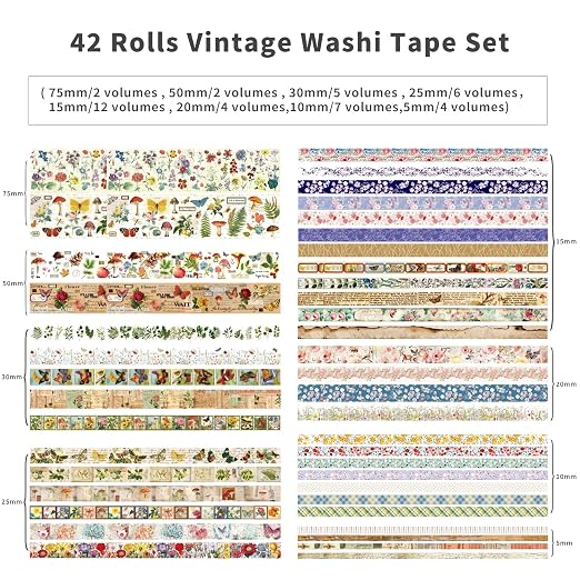 42 Rolls Vintage Washi Tape Set, Floral Letter Butterfly Mushroom Botanical - Image 2