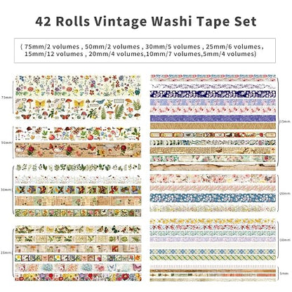 42 Rolls Vintage Washi Tape Set, Floral Letter Butterfly Mushroom Botanical - Image 2