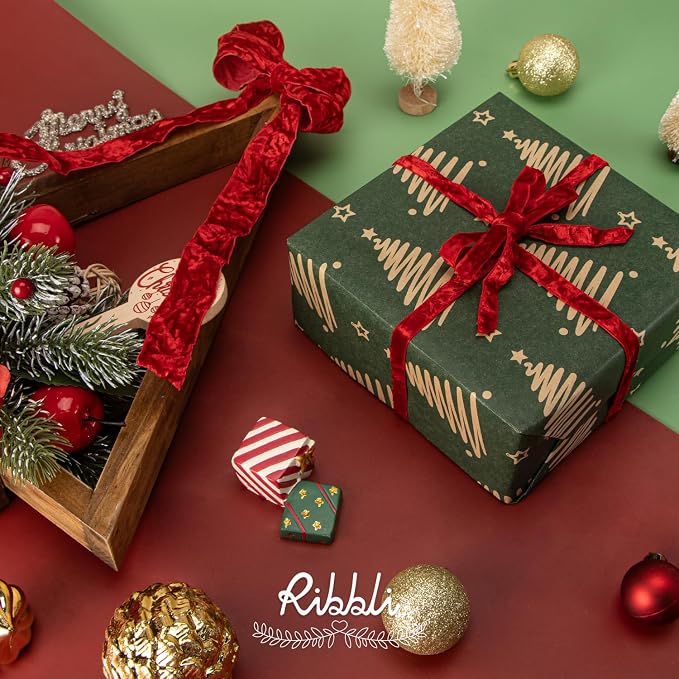 Ribbli Red Velvet Ribbon 3/8 Inches Luxury Crinkled Red Christmas Ribbon - Image 3