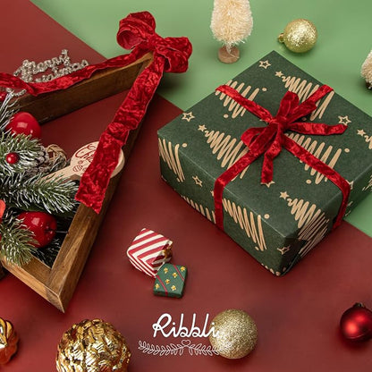 Ribbli Red Velvet Ribbon 3/8 Inches Luxury Crinkled Red Christmas Ribbon - Image 3