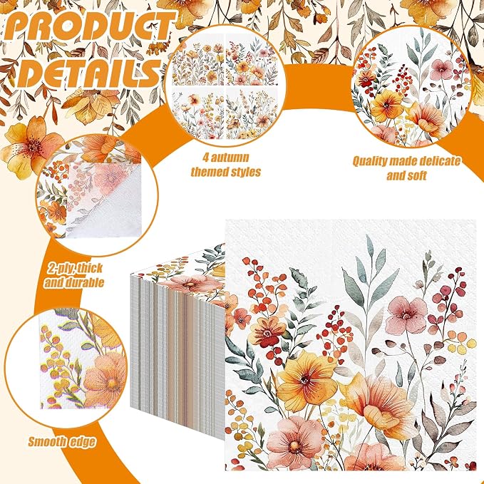 Fulmoon 200 Pieces Fall Floral Cocktail Napkins Disposable Thanksgiving Day - Image 4