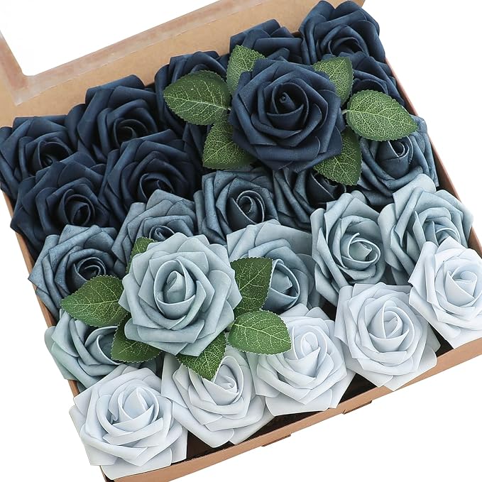 Floroom Artificial Flowers 25pcs Real Looking Blue Ombre Colors Foam Fake Roses by Floroom