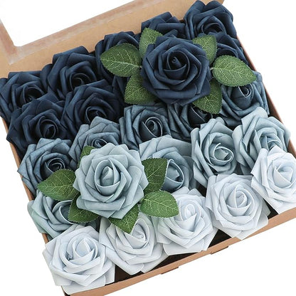 Floroom Artificial Flowers 25pcs Real Looking Blue Ombre Colors Foam Fake Roses by Floroom