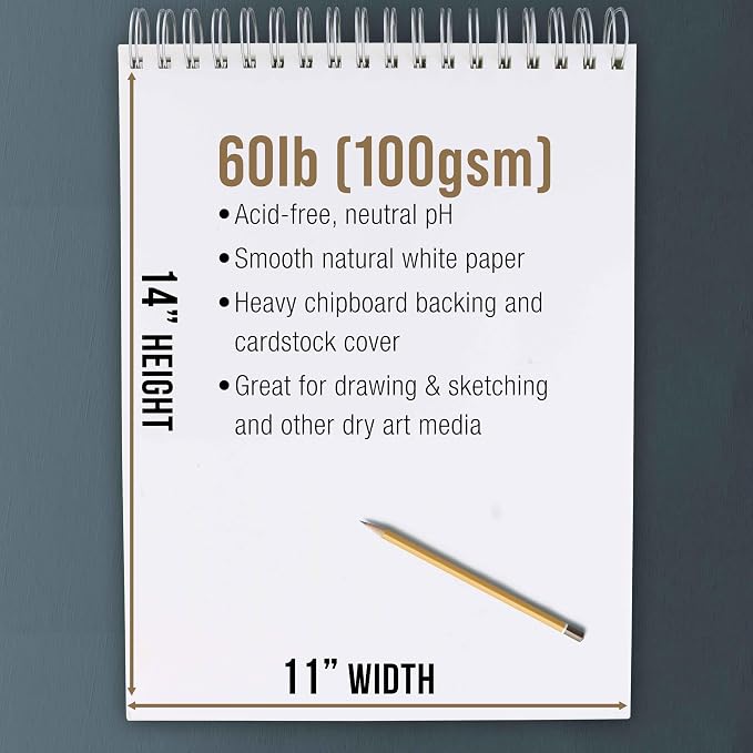 U.S. Art Supply 11"x14" Top Spiral Bound Sketch Book, 2 Pack, 100 Sheets Each - Image 3