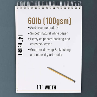 U.S. Art Supply 11"x14" Top Spiral Bound Sketch Book, 2 Pack, 100 Sheets Each - Image 3