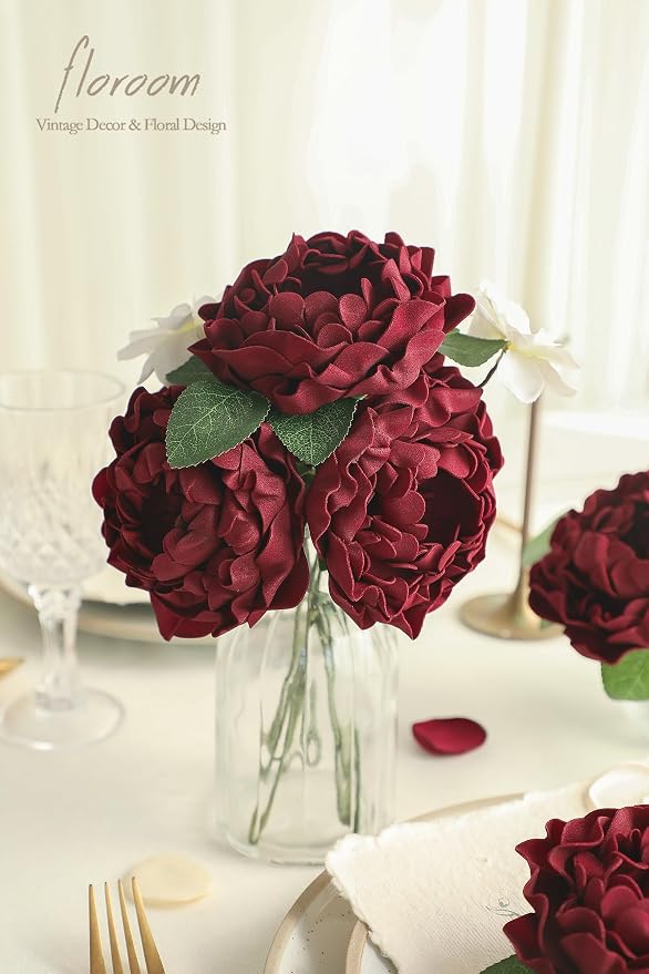 Floroom Artificial Flowers 16pcs 4" Burgundy Blooming Peonies Real Looking Foam - Image 4