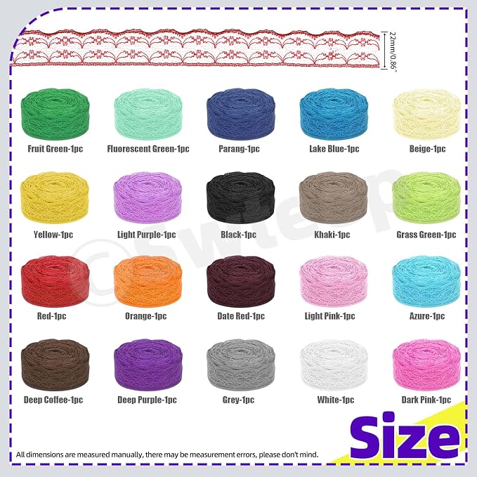 Swpeet 20 Rolls in Total 200 Yards 2.2cm×10 Yards Colorful Lace Ribbon - Image 2